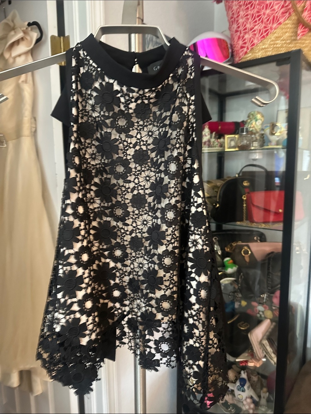 New GRACIA  flowy black  lace nude lining blouse M